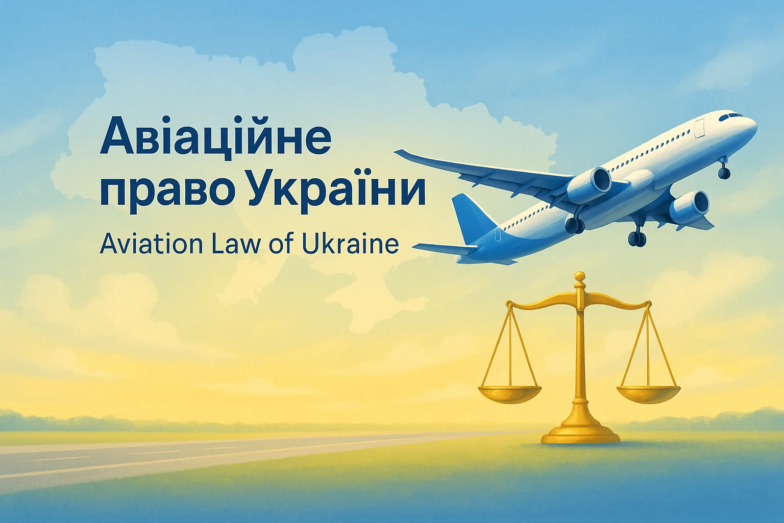 Авіаційне право України: літак злітає над смугою, поряд золоті терези правосуддя