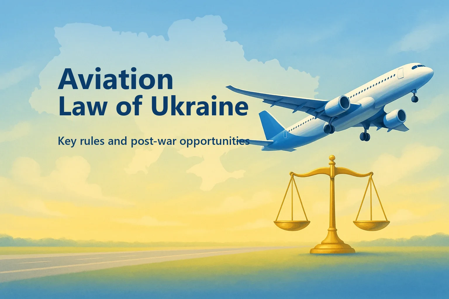 Aviation law of Ukraine: an airliner taking off over a runway beside golden scales of justice