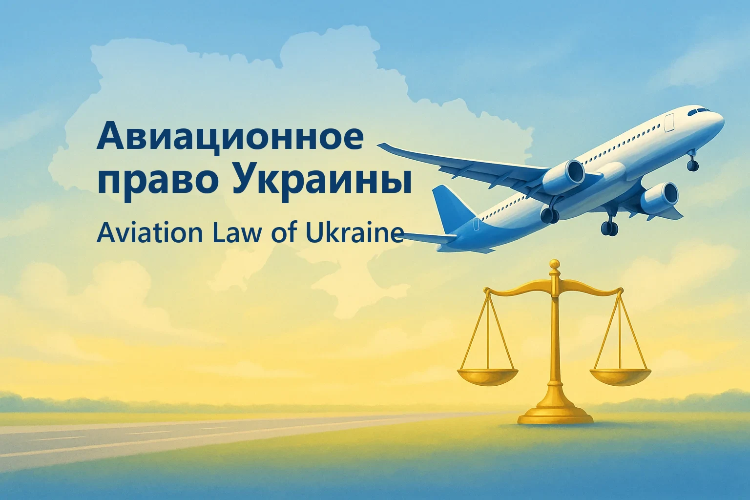 Авиационное право Украины: самолёт взлетает над полосой, рядом золотые весы правосудия