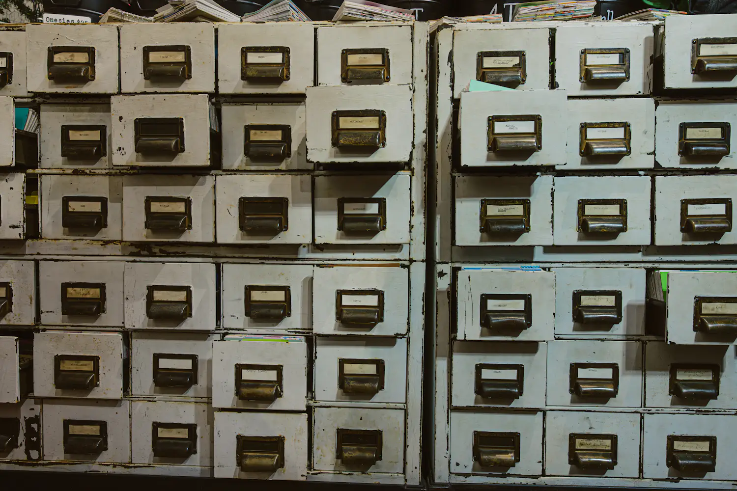 Rows of archive drawers with labels — checking a Ukrainian counterparty in the state registers