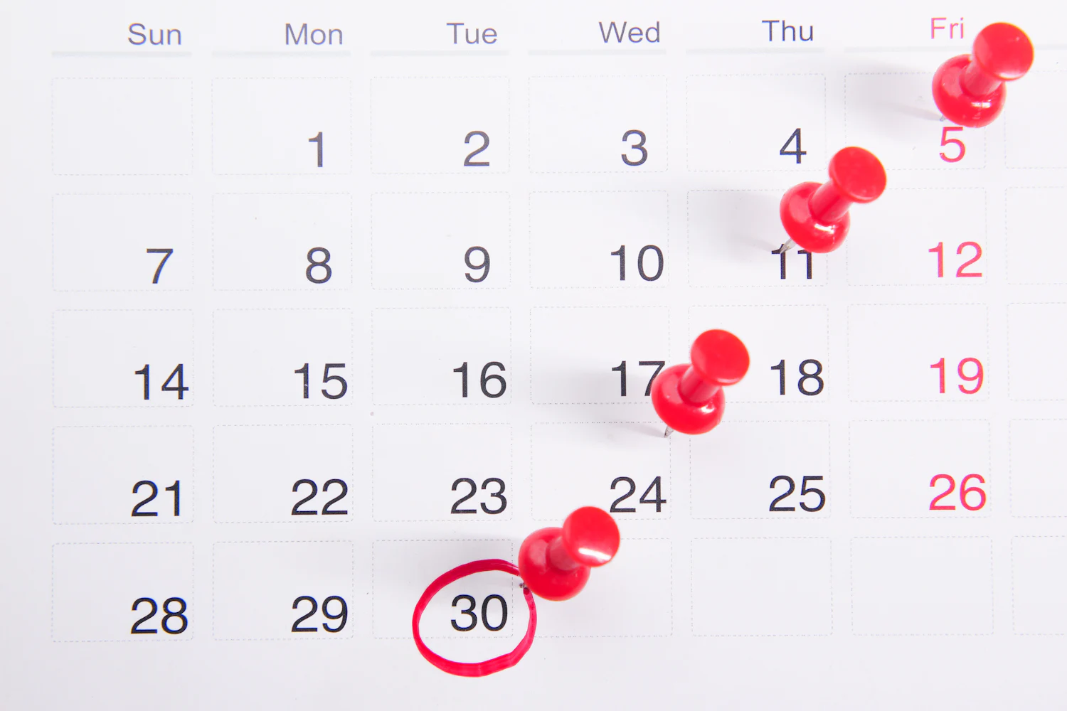 Wall calendar with red pins on successive weeks and one date circled